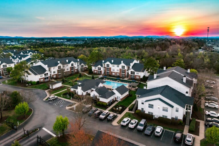 The Reserve at Harper's Point apartments sunset drone photo.