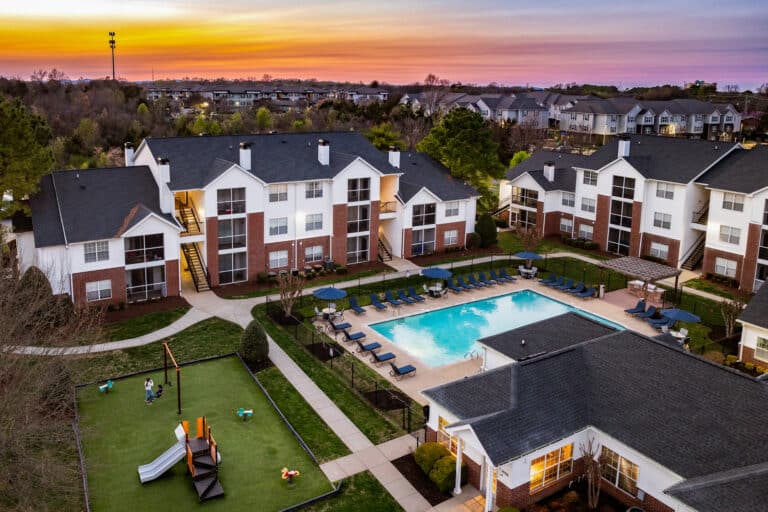 The Reserve at Harper's Point apartments sunset over the property.